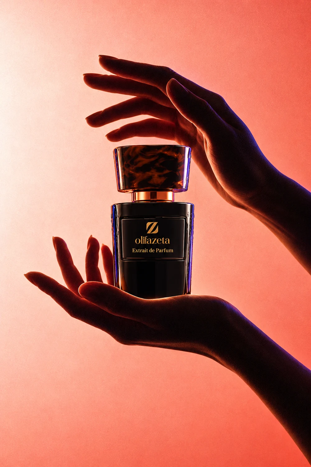 Deux mains encadrent un flacon noir Olfazeta dans une lumière corail